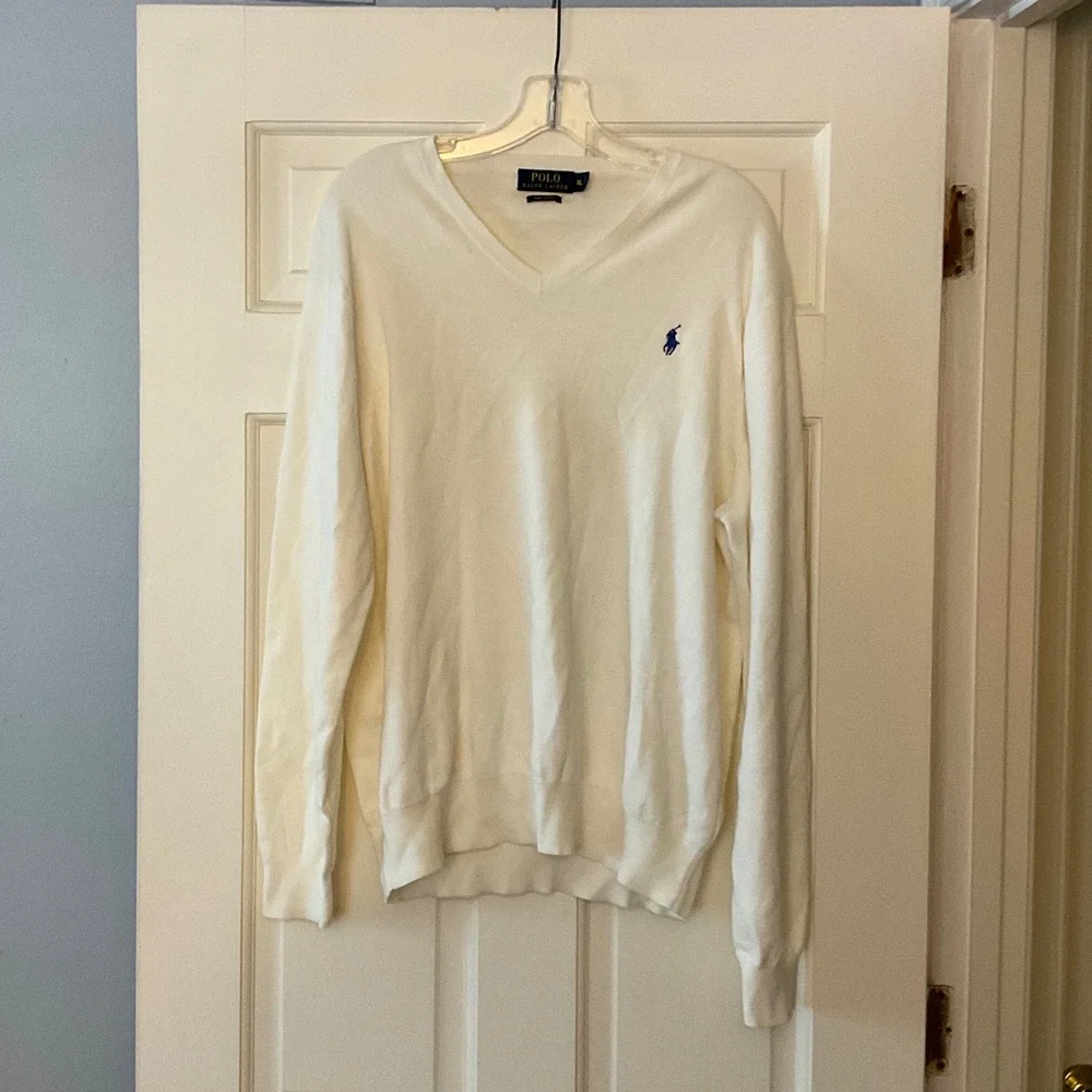 Polo Ralph Lauren Mens XL White Pima Cotton V-Neck Sweater Pony Logo heritage